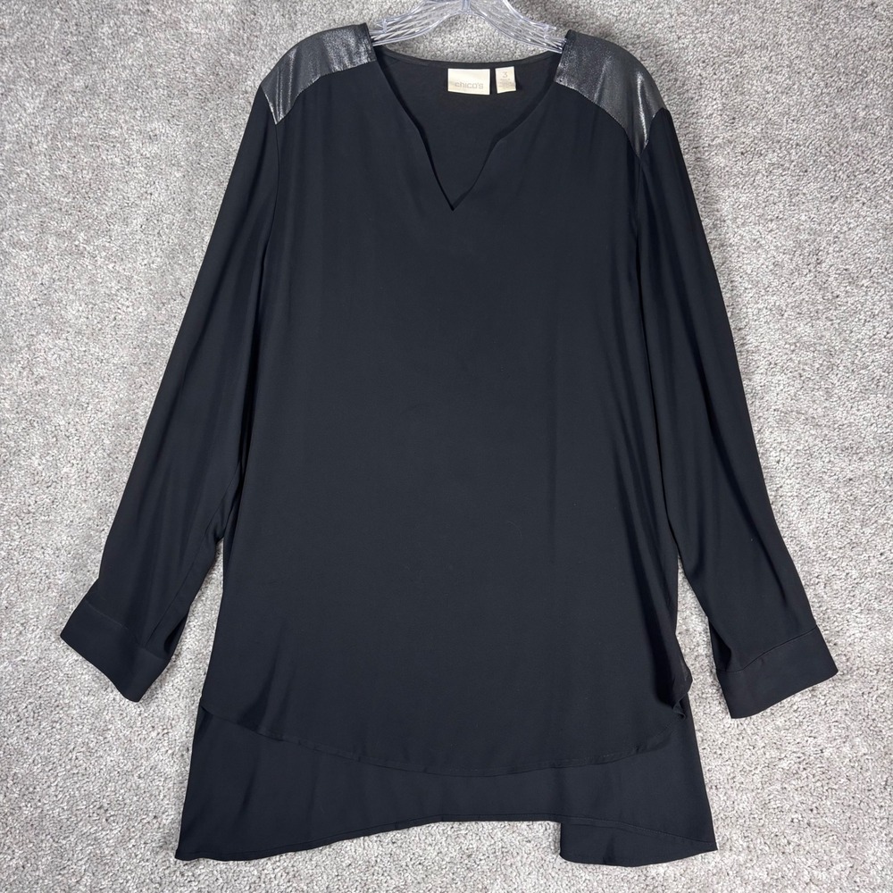 Chicos Black Long Sleeve V‎ Neck Metallic Shoulder Tunic Top Size 3